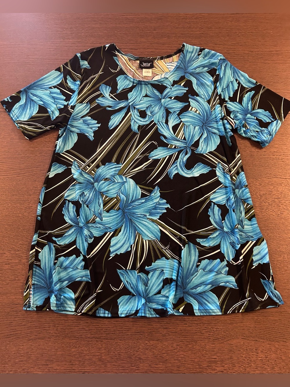 Jostar Women’s Floral Black & Blue Short Sleeve Blouse Stretch Hawaiian Top Sz L